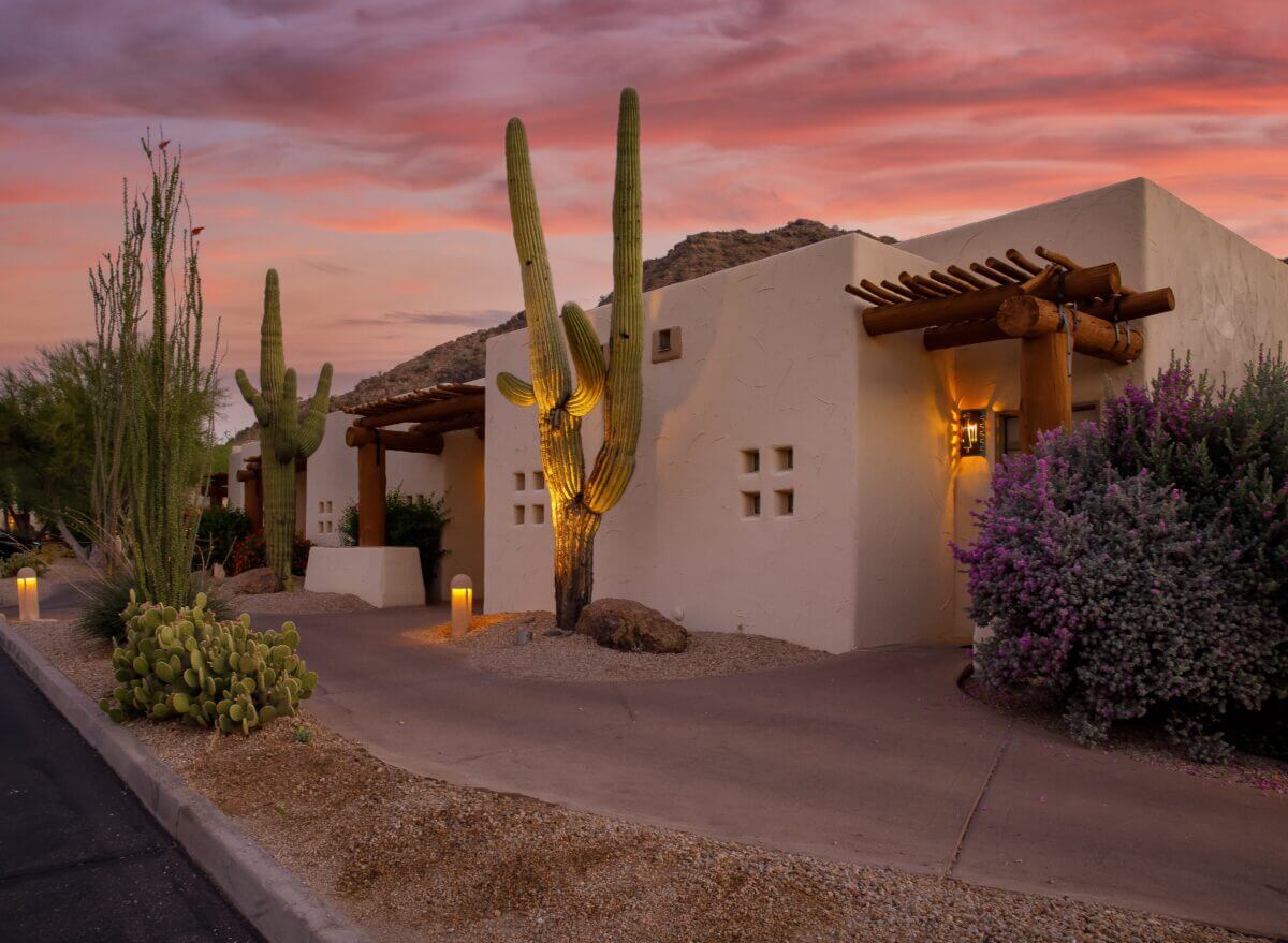 arizona resort with cactus and sunset
