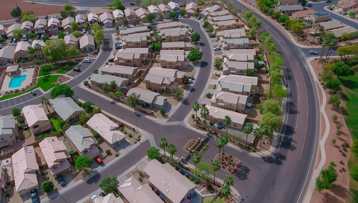 Panoramic view of neighborhood in roofs of houses of residential area the Phoenix Arizona USA