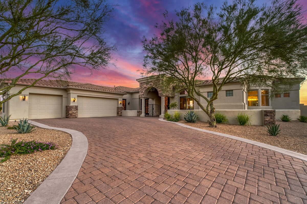 A luxury home at sunset