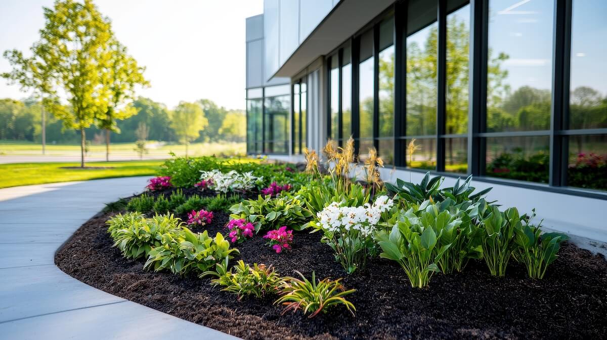 A Lush landscaping with colorful flowers and greenery around modern building
