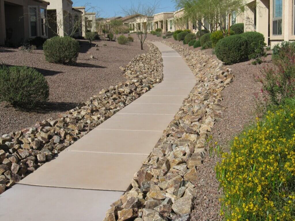 Tucson landscapers creating a winding concrete walkway bordered by decorative rock and drought-tolerant desert plants.