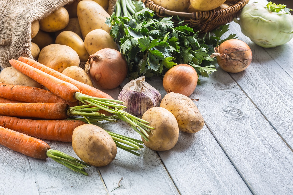 Close-up assortment of fresh vegetables. Potatoes onion carrot celery kohlrabi and garlic on wood.