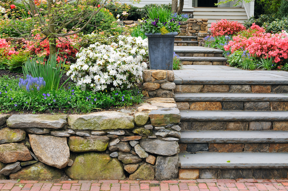 Natural stone steps and retaining wall, planter and garden border framing home entrance. Beautiful hardscape, colorful landscape design